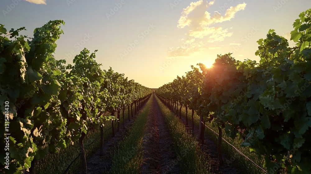 Fototapeta premium Picturesque rows of maturing grapevines in a flourishing valley vineyard