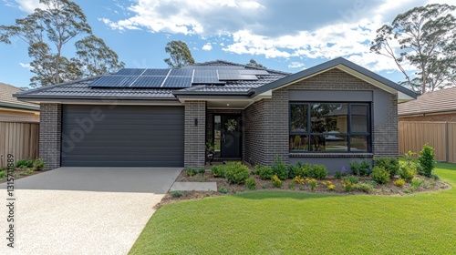 Suburban Home with Solar Panels, Sunny Day