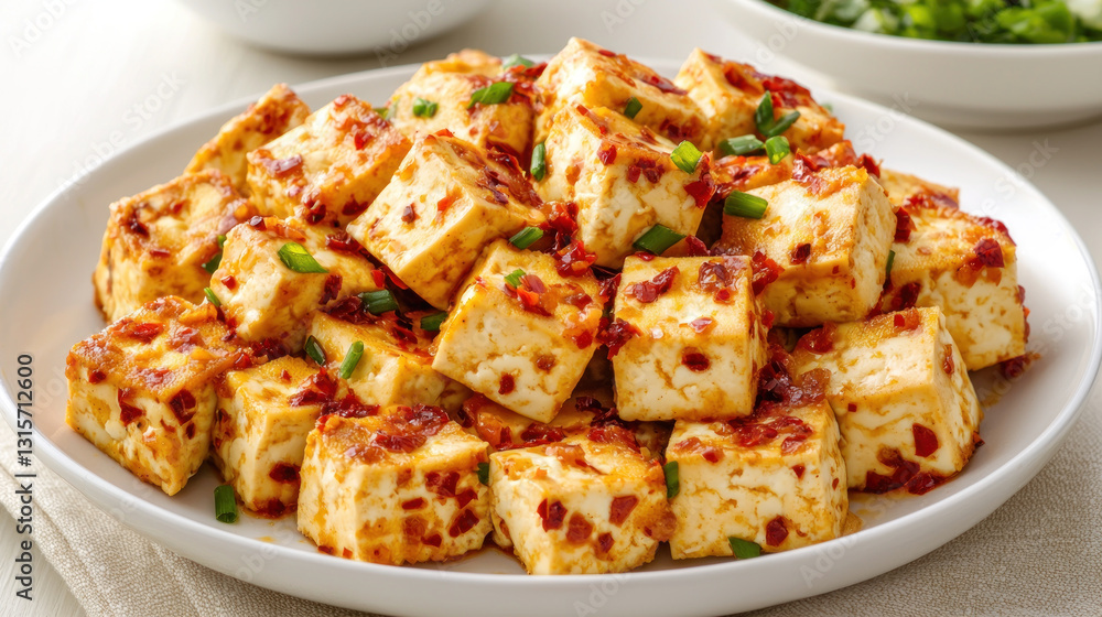 Spicy mapo tofu with Sichuan peppercorns garnished with green onions Spicy mapo tofu with Sichuan peppercorns garnished with green onions
