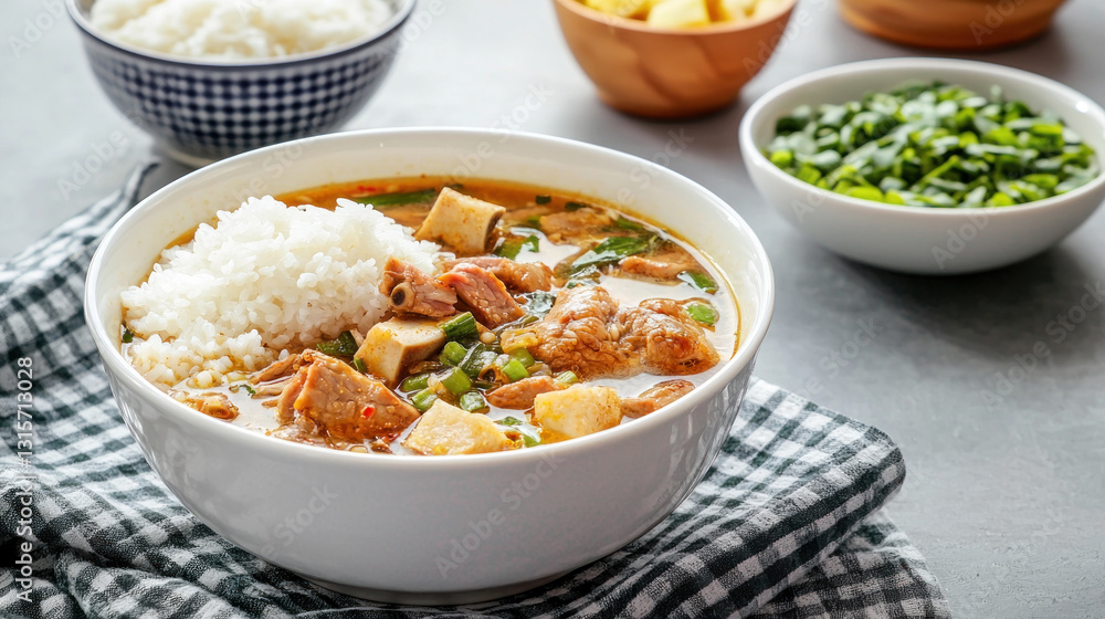 bowl of Filipino sinigang with pork, rice, and vegetables on table bowl of Filipino sinigang with pork, rice, and vegetables on table