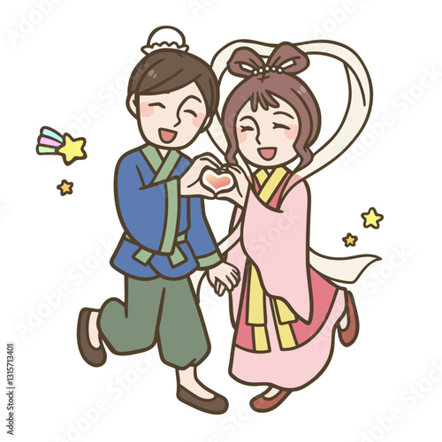 ハートポーズをする彦星と織姫