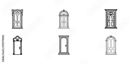 Elegant front door set in black and white. flat drawing. a white backdrop.
