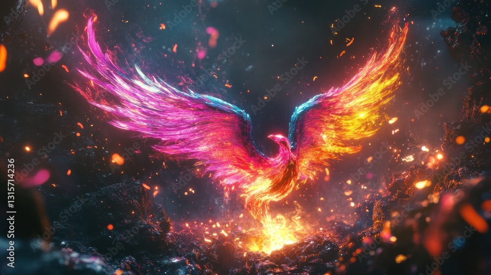 Radiant phoenix ascending from vibrant embers with illuminated wings spread Radiant phoenix ascending from vibrant embers with illuminated wings spread