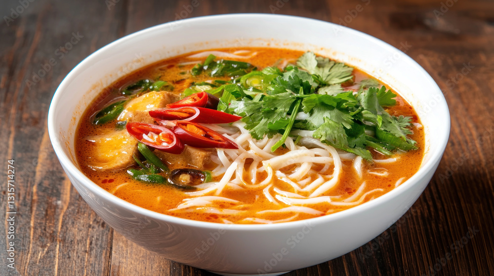bowl of spicy Malaysian laksa noodle soup with coconut broth, garnished with fresh herbs bowl of spicy Malaysian laksa noodle soup with coconut broth, garnished with fresh herbs