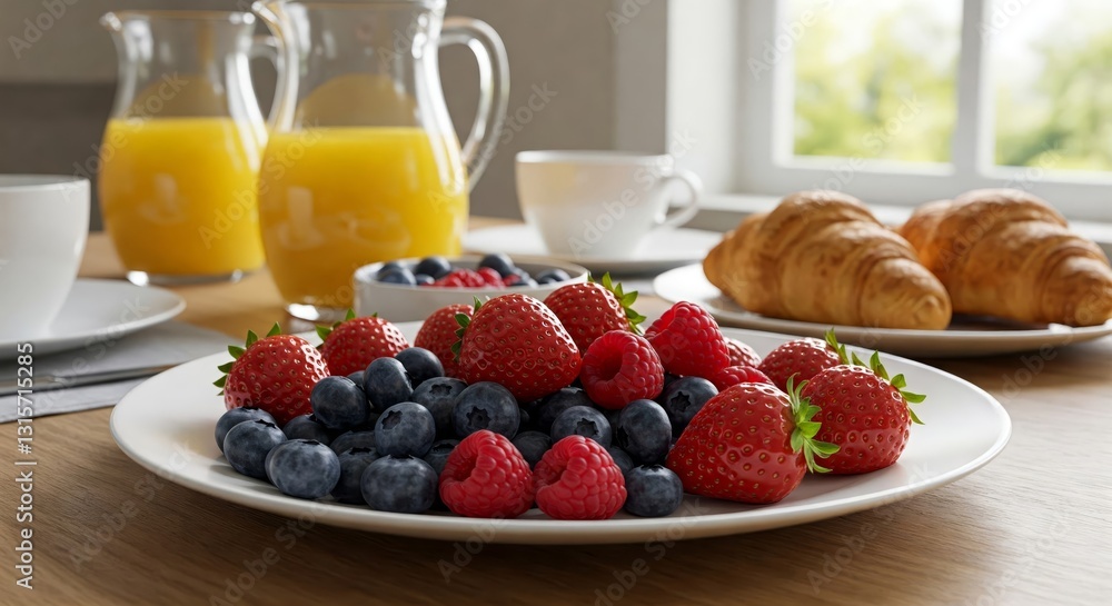 Breakfast Scene with Fresh Berries Croissants and Orange Juice Breakfast Scene with Fresh Berries Croissants and Orange Juice