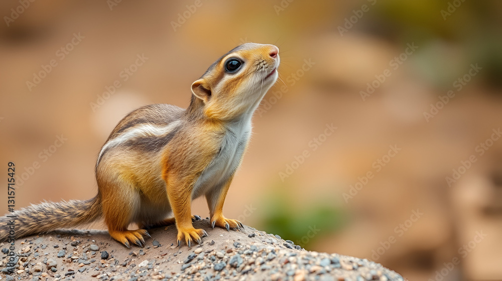 Naklejka premium A close-up shot of a ground squirrel standing on a rock, looking up with curiosity