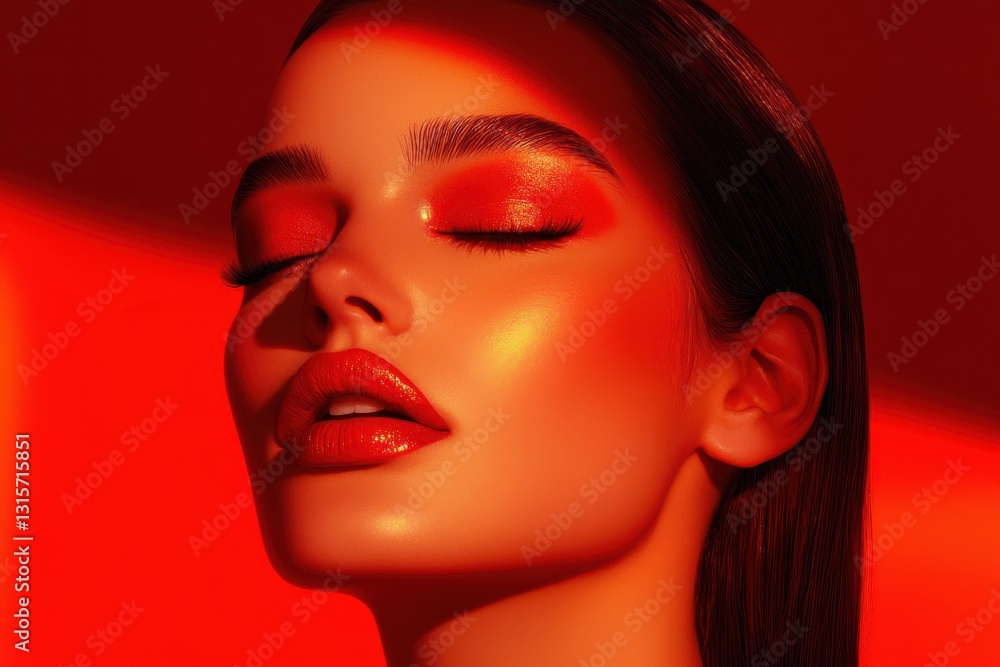 Close-up portrait of a person with red eyeshadow, red lipstick, and dramatic lighting Close-up portrait of a person with red eyeshadow, red lipstick, and dramatic lighting