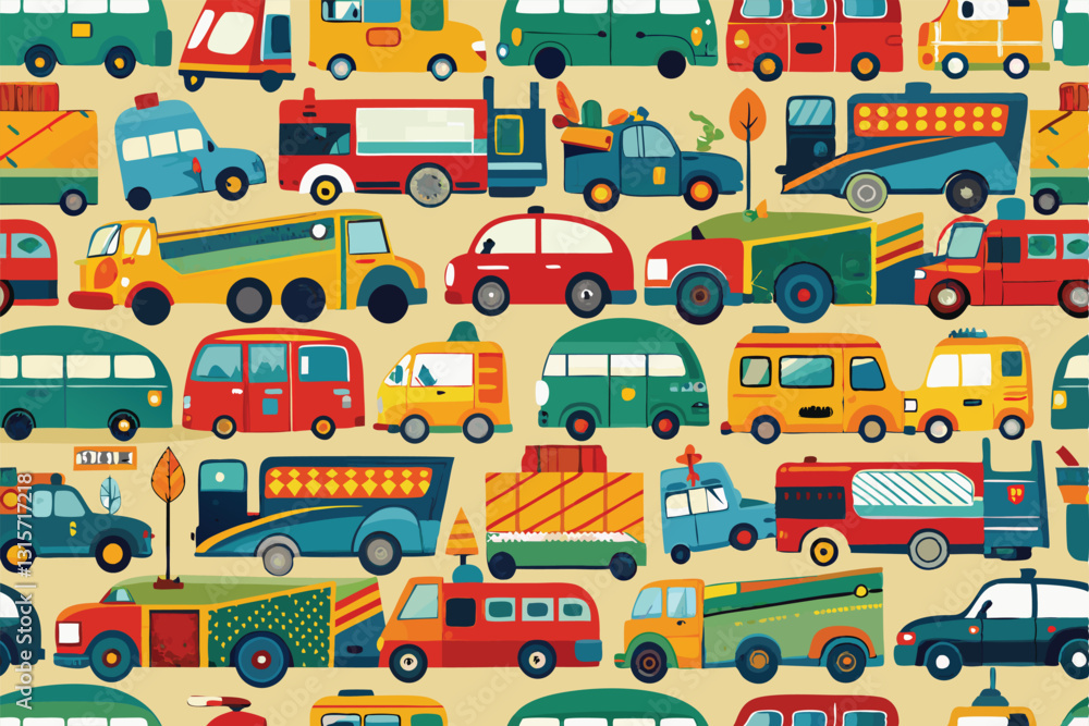 This vibrant design features a repeated assortment of vehicles in various shapes and colors, ideal for printing, Repeating image with vehicles for printing on paper or fabric This vibrant design features a repeated assortment of vehicles in various shapes and colors, ideal for printing, Repeating image with vehicles for printing on paper or fabric