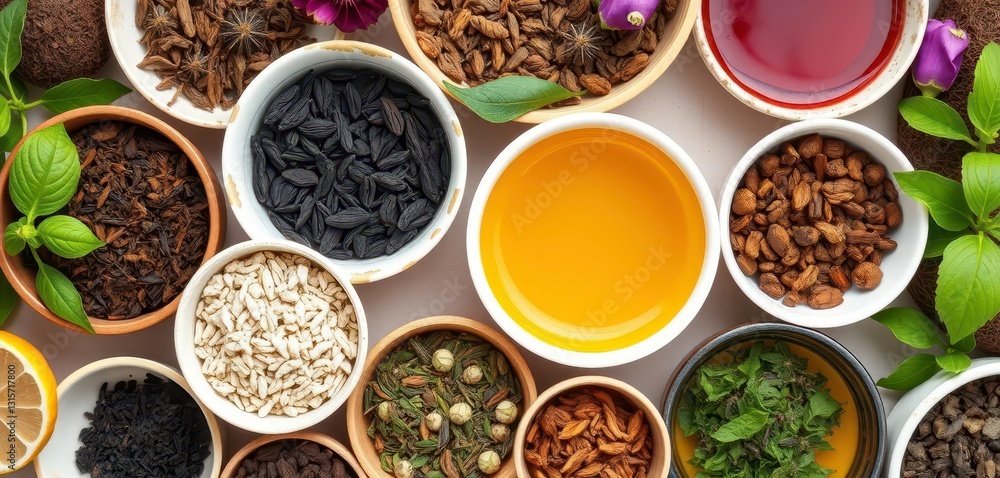 Assortment of herbal tea blends in bowls, top view,  food,  homemade