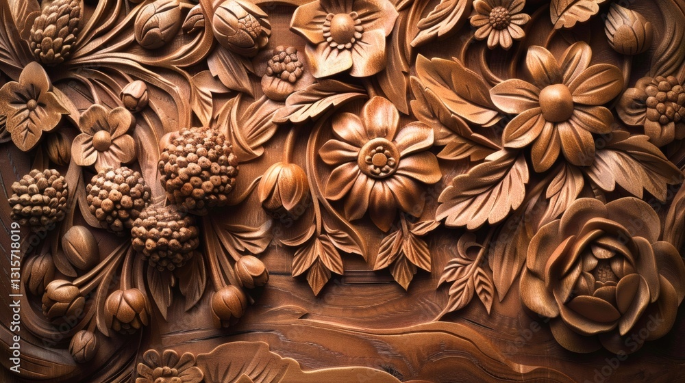 Intricate carved wooden panel with floral and leaf patterns Intricate carved wooden panel with floral and leaf patterns