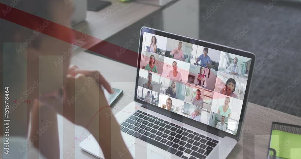 On laptop, virtual meeting with diverse participants, animation of data charts On laptop, virtual meeting with diverse participants, animation of data charts