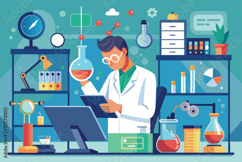 A researcher in a lab coat examines data on a tablet while conducting experiments at a workstation, Researcher analyzing data in the lab