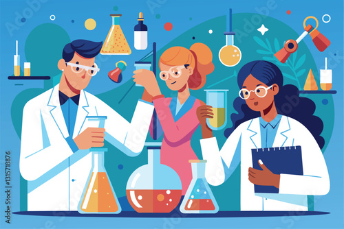 Three researchers examine various liquids in Erlenmeyer flasks while discussing their findings, Researchers are examining Erlenmeyer flasks