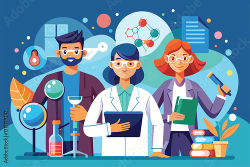 Three diverse researchers discuss projects in a vibrant lab filled with scientific instruments and charts, Researchers Customizable Flat Illustration