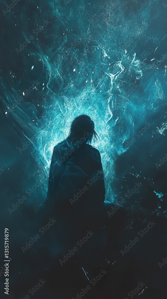 Fototapeta premium Enigmatic Figure in a Teal Mystical Aura: A Contemplative Digital Painting
