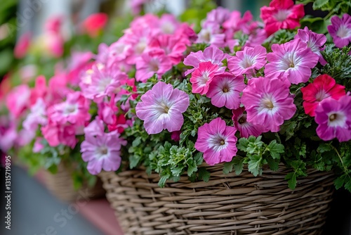 Wallpaper Mural Pretty pink and purple flowers blooming in a woven basket container Torontodigital.ca