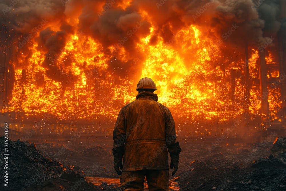 A worker operating machinery in a metallurgy factory, overseeing the pouring of molten metal. Industrial setting with safety gear visible.
