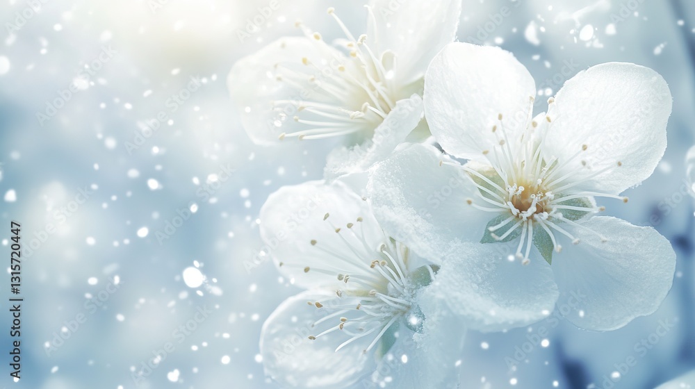 Obraz premium Delicate White Flower Blooming on Snow with Soft Sunlight, Creating a Serene Winter Contrast, Capturing the Fragile Beauty of Nature's Resilience