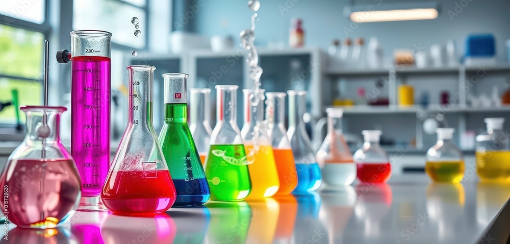 Bubbling beakers, colorful liquids, scientific equipment in a bright lab, scientific, analysis Bubbling beakers, colorful liquids, scientific equipment in a bright lab, scientific, analysis
