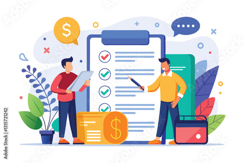 Two people engage in a conversation about financial planning, showcasing checklists and currency symbols, Reseller agreement