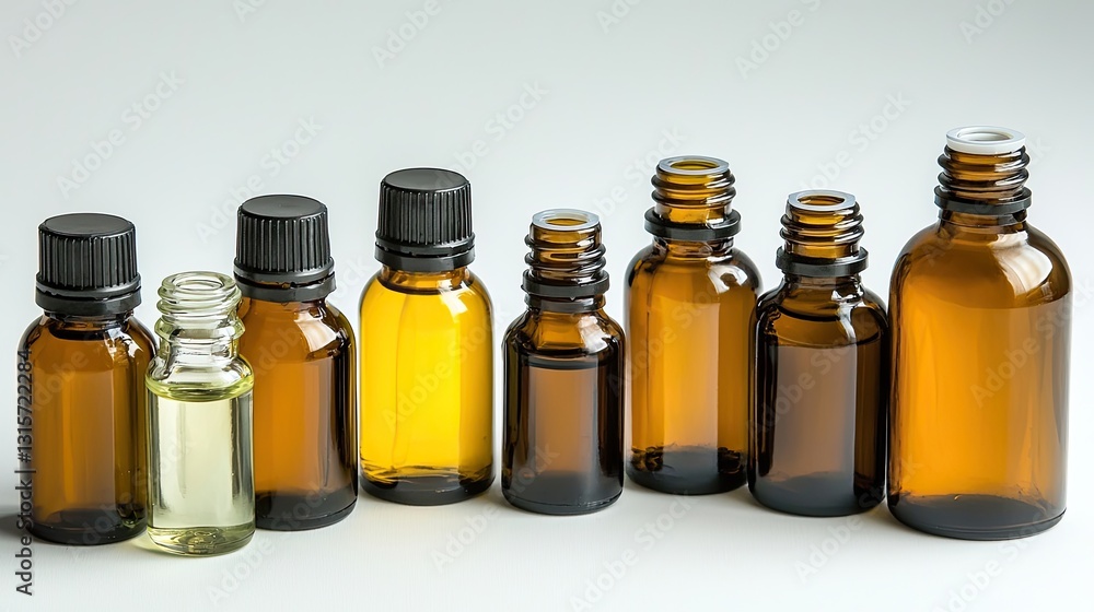 Various Sizes of Amber Glass Bottles for Essential Oils and Aromatherapy Products on a Soft Gray Background Various Sizes of Amber Glass Bottles for Essential Oils and Aromatherapy Products on a Soft Gray Background