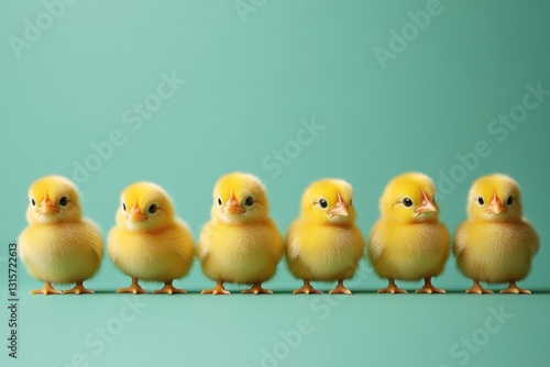 Six Small Yellow Easter Chickens and Eggs in a Row on Green Background with Copy Space, Spring Holiday Concept