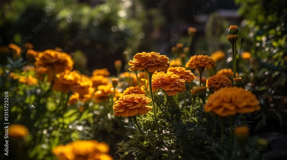 Golden Marigolds Bloom in Summer Garden. Golden Marigolds Bloom in Summer Garden.