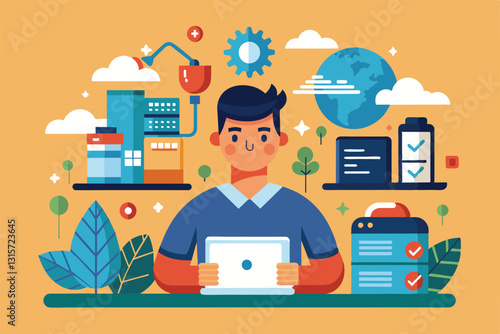 A person is using a tablet while surrounded by elements representing technology and nature at home, Responsive Customizable Flat Illustration