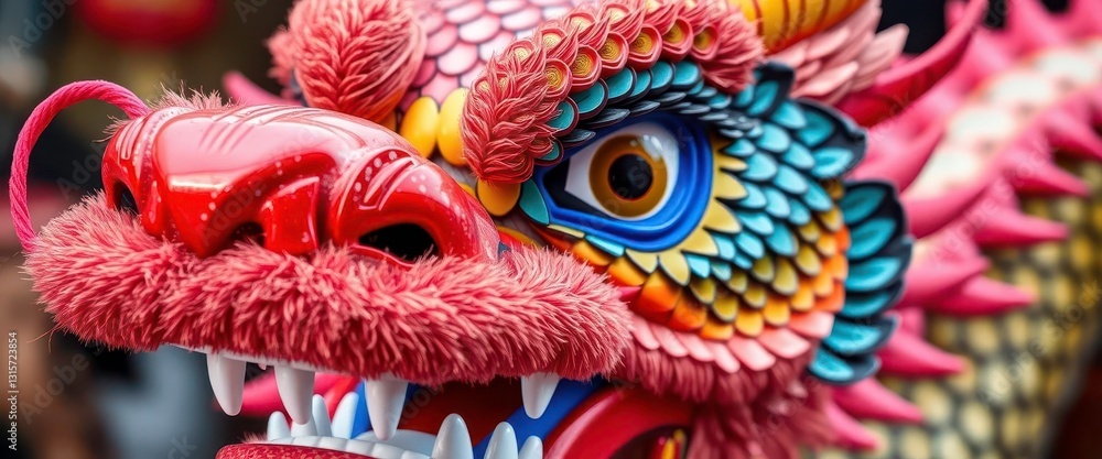 Close-up of a vibrant, intricately scaled Chinese dragon, festive colors, ornate, China Close-up of a vibrant, intricately scaled Chinese dragon, festive colors, ornate, China