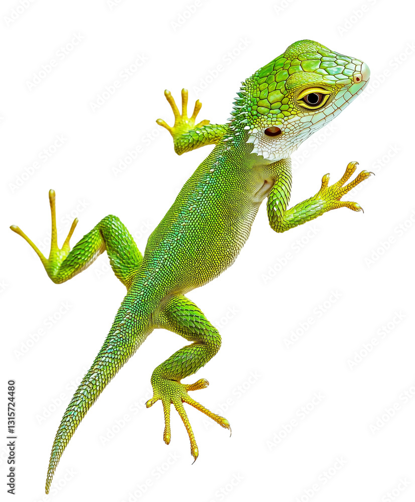 Fototapeta premium Full body green lizard poses on a white background