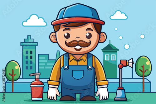 A cartoon character dressed as a restorer works in a park, equipped with tools and surrounded by greenery, Restorer Customizable Cartoon Illustration