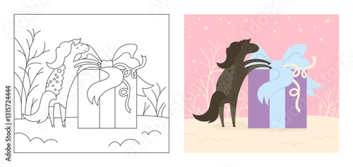 Horse with surprise gift box winter landscape coloring book for kids cartoon vector illustration. Abstract comic stallion mare horse greeting card. Drawing flat animal design perfect for children art