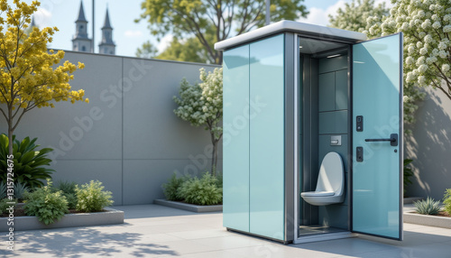 Compact self cleaning public toilet in modern outdoor setting, surrounded by greenery and trees. design features sleek glass exterior and inviting entrance