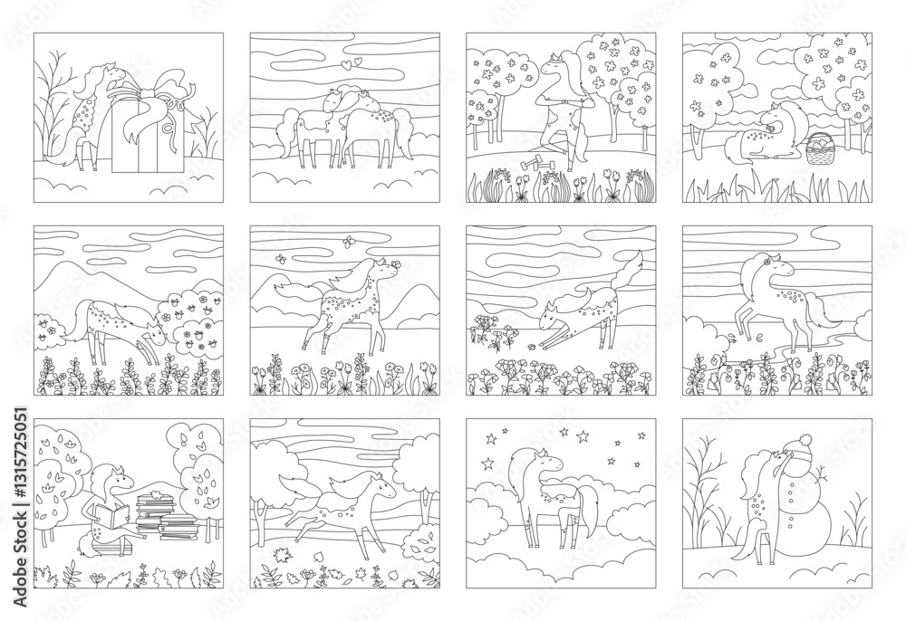 Fototapeta premium Horse in meadow cartoon coloring book for kids vector illustration. Set of 12 art pages with horses in different poses, scenes landscapes. Four seasons of nature doodle illustration pony for children