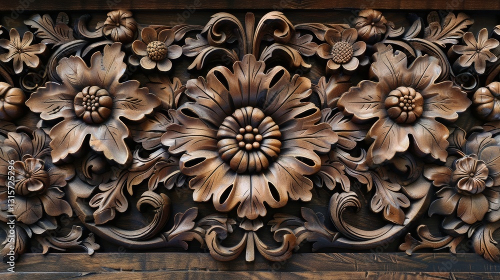 Floral wood carving with symmetrical ornamental details Floral wood carving with symmetrical ornamental details