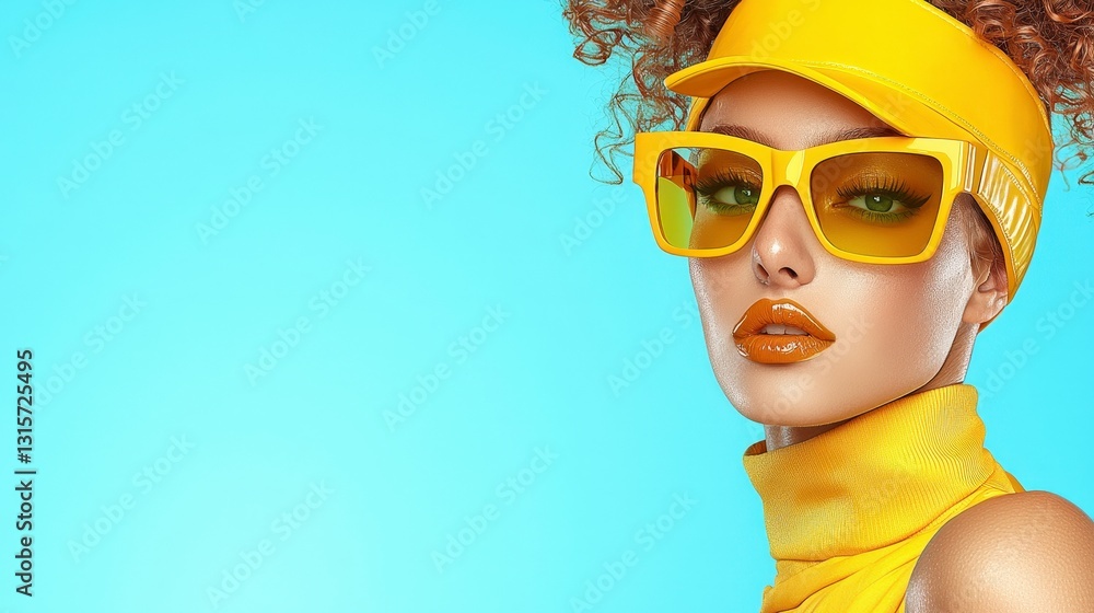 Stylish Woman in Yellow Sunglasses Hat and Turtleneck Stylish Woman in Yellow Sunglasses Hat and Turtleneck