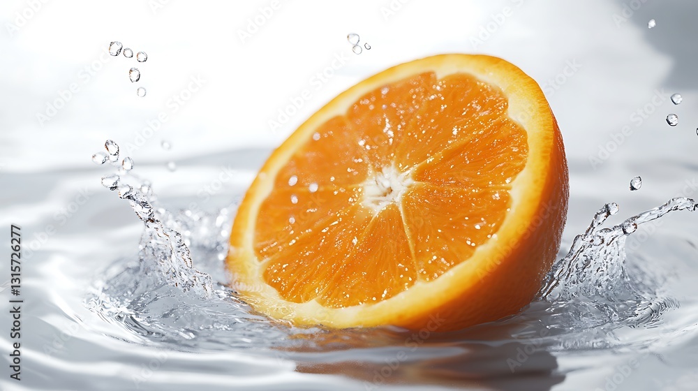A fresh orange slice splashes into water, creating dynamic droplets. A fresh orange slice splashes into water, creating dynamic droplets.