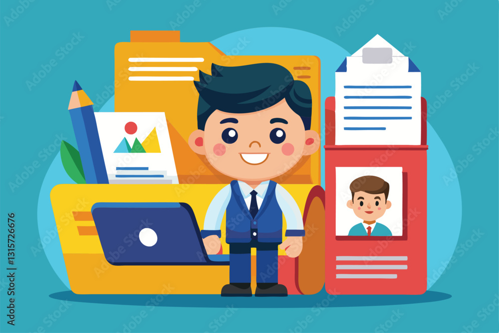 A cartoon character stands beside a colorful resume folder and office supplies in a cheerful setting, Resume folder Customizable Cartoon Illustration A cartoon character stands beside a colorful resume folder and office supplies in a cheerful setting, Resume folder Customizable Cartoon Illustration