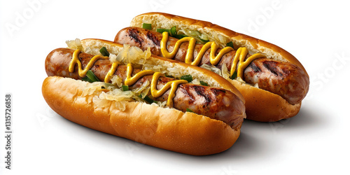 Grilled bratwurst sausages with mustard and sauerkraut in buns