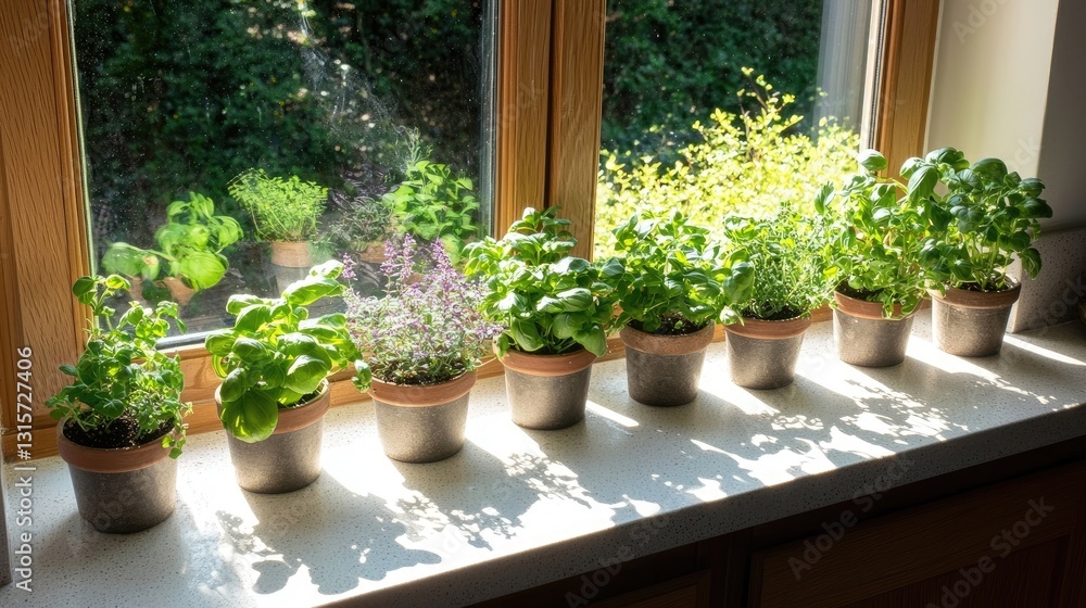 Bright Sunlit Kitchen Window with Potted Herbs Displaying Diverse Greenery and Natural Growth in Home Gardening Atmosphere Bright Sunlit Kitchen Window with Potted Herbs Displaying Diverse Greenery and Natural Growth in Home Gardening Atmosphere