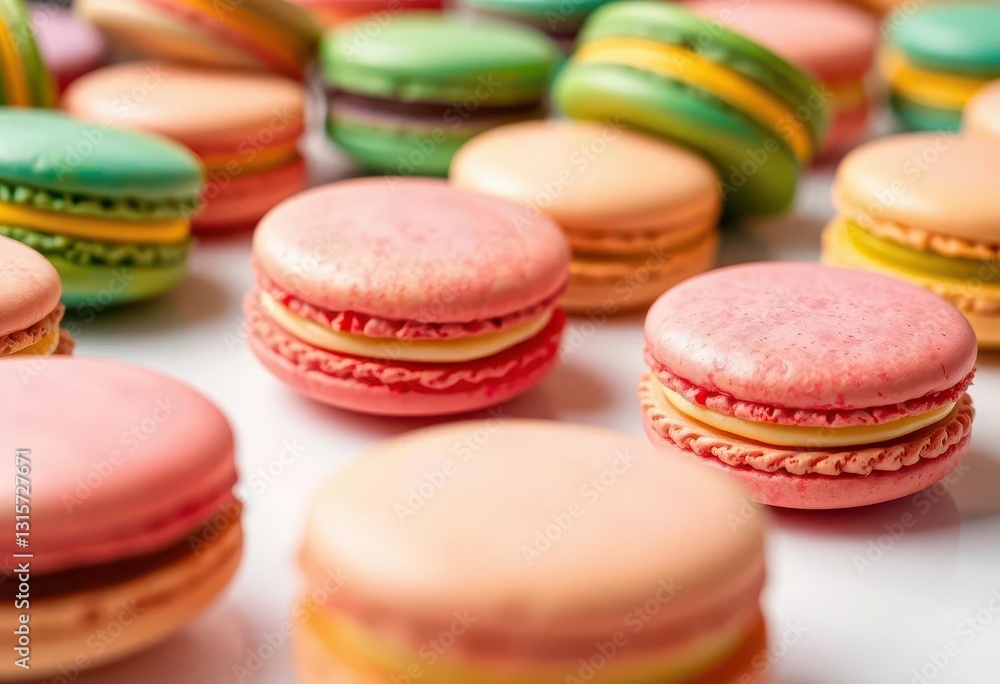 Close-up of vibrant, colorful macarons arranged on a white surface, delicious pastries, white background Close-up of vibrant, colorful macarons arranged on a white surface, delicious pastries, white background