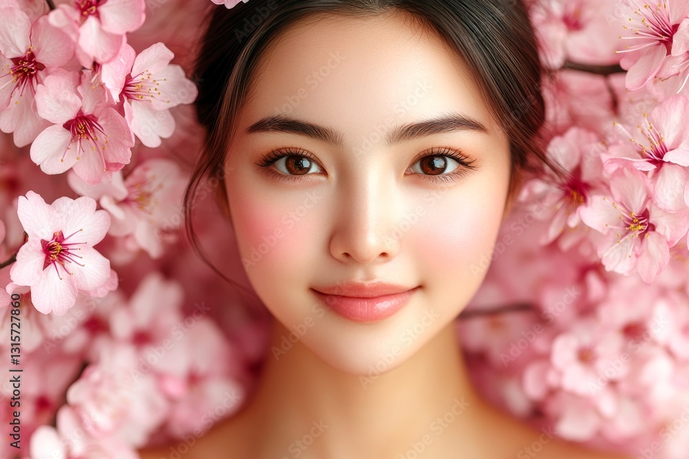 Commercial ad campaign creative design. Spring mood, dawn light and fog. Attractive caucasian young woman surrounded by cherry blossoms. Woman with cherry blossoms in bright commercial style. Commercial ad campaign creative design. Spring mood, dawn light and fog. Attractive caucasian young woman surrounded by cherry blossoms. Woman with cherry blossoms in bright commercial style.