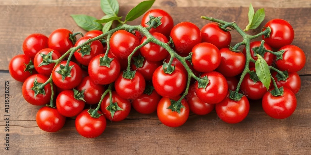Cluster of ripe cherry tomatoes on rustic wooden board, market, small tomatoes Cluster of ripe cherry tomatoes on rustic wooden board, market, small tomatoes