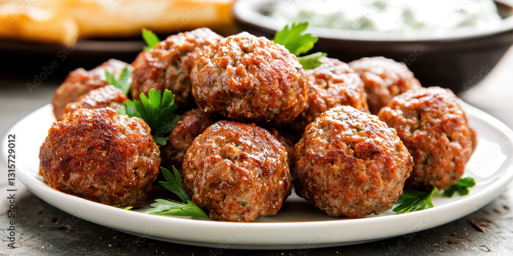 Juicy Greek keftedes meatballs with fresh herbs and creamy tzatziki dip Juicy Greek keftedes meatballs with fresh herbs and creamy tzatziki dip