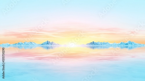 Serene Sunset  Snowy Mountains Reflected in Calm Water