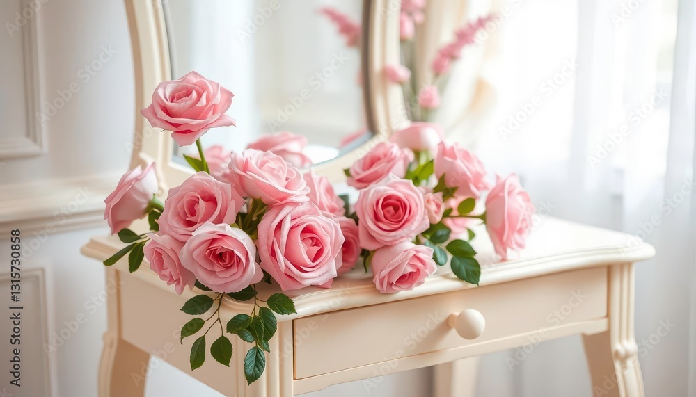 Cream vanity table adorned with pink roses, pastel spring aesthetic, floral arrangement, bloom Cream vanity table adorned with pink roses, pastel spring aesthetic, floral arrangement, bloom