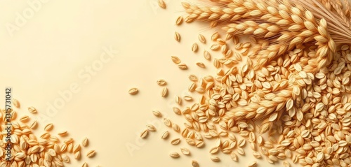 Creamy backdrop showcasing scattered whole oats and wheat grains,  fiber, background