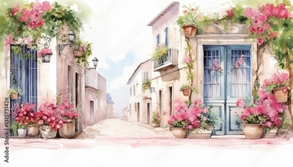 Obraz premium Watercolor province streets with windows and houses and flowers on a white background.