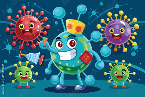 A group of animated retroviruses showcases their playful nature in a lively and colorful setting, Retroviruses Customizable Cartoon Illustration