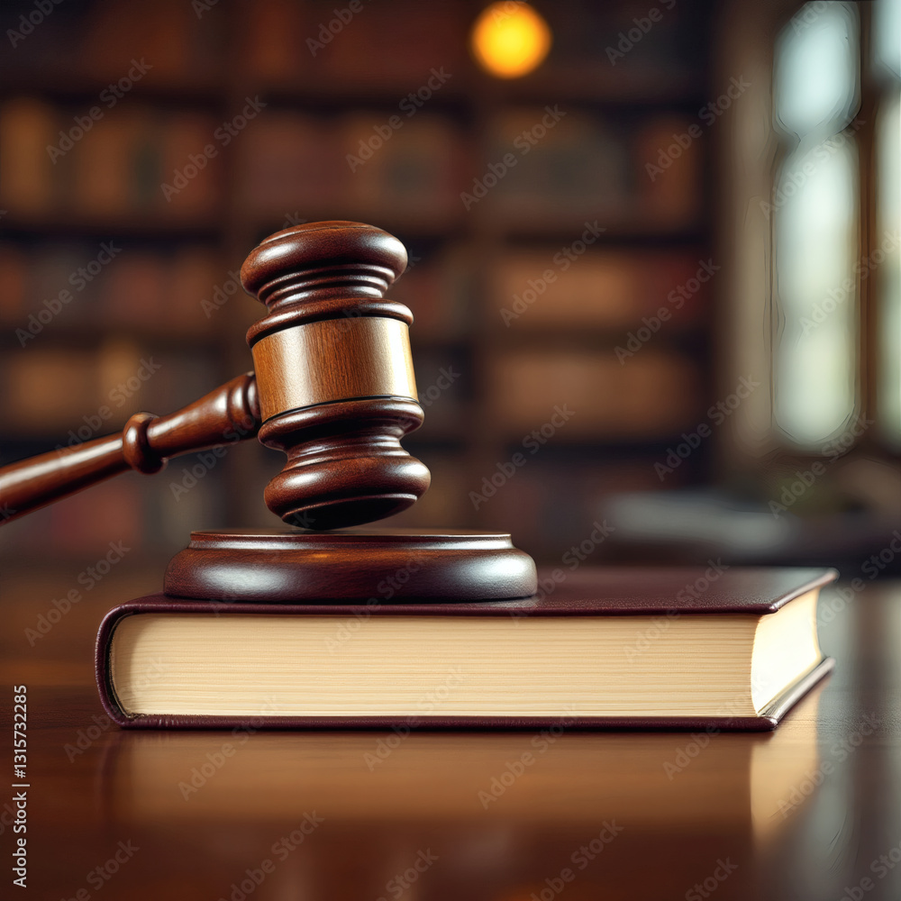 Side View of Judge's Gavel on Leather Book at Wooden Table in Blurred Library Background